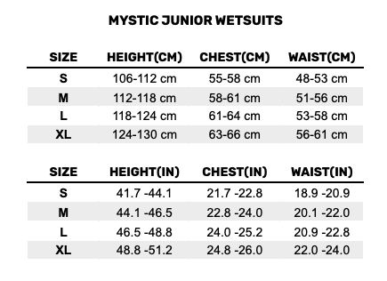 2026 Mystic Junior Wetsuits 0 Size Chart